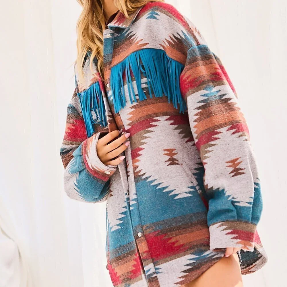 THE SHYSIE WOMENS AZTEC PRINT FRINGED JACKET CREAM NWT
